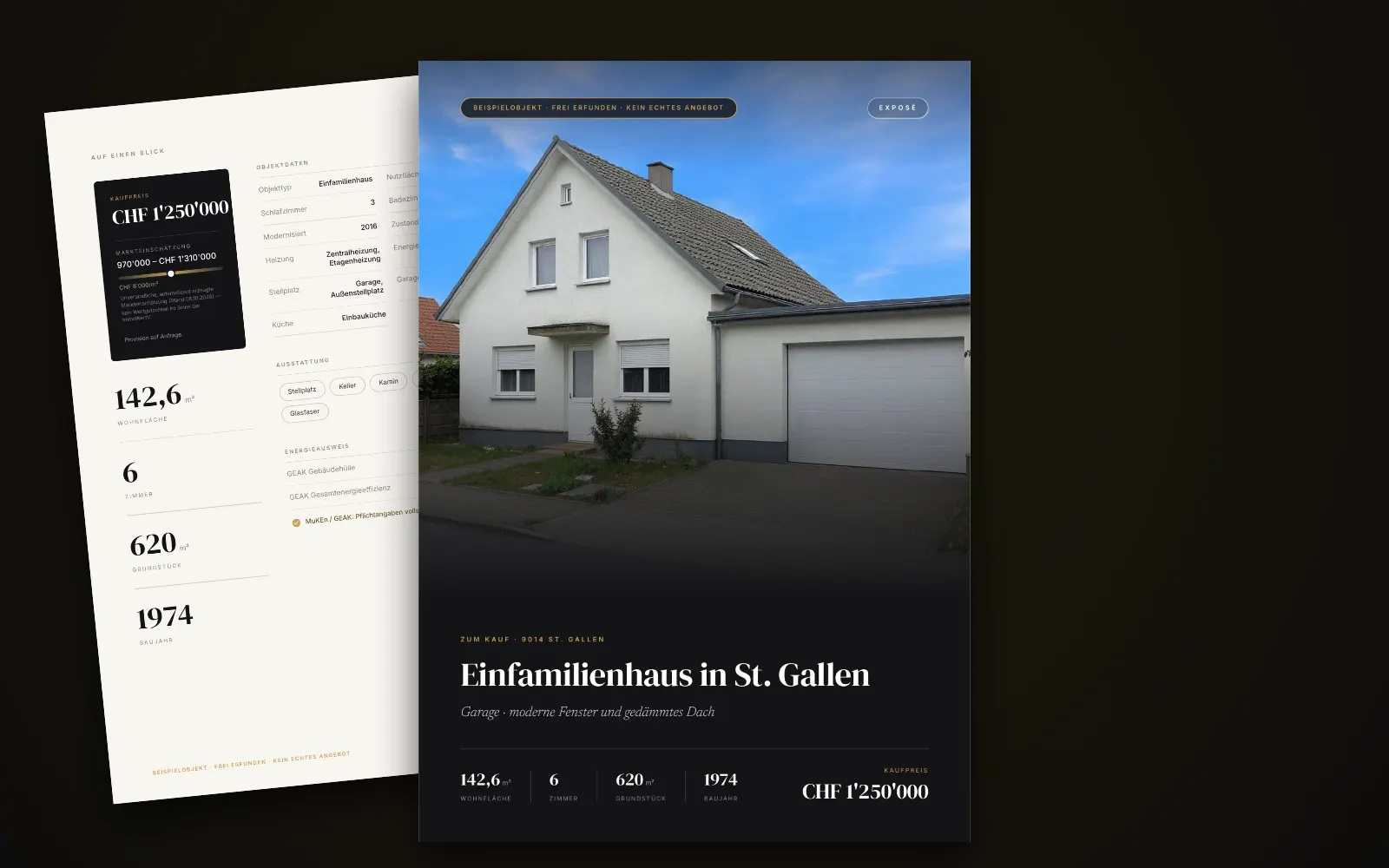 Exposé des Beispielobjekts in St. Gallen: Titelseite mit Foto, Titel und Kaufpreis, dahinter zwei weitere Seiten